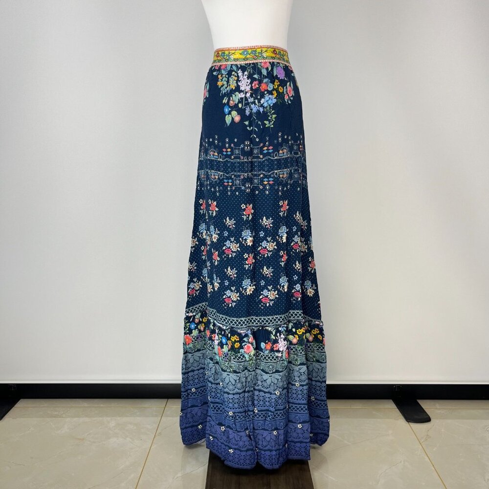 NWOT Johnny Was Blue Floral Elastic Waist Maxi Skirt Size S Pull-On - Picture 2 of 14